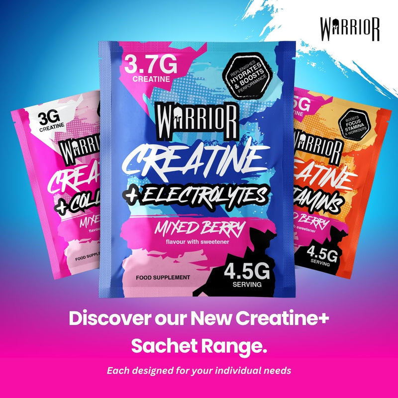 Warrior Creatine Plus Vitamins Sachets, Daily Wellness Drink Mix with 3.5g Creatine and Multivitamin Blend for Energy, Focus, Immunity and Vitality, Zero Sugar Mixed Berry, 15 Sachets