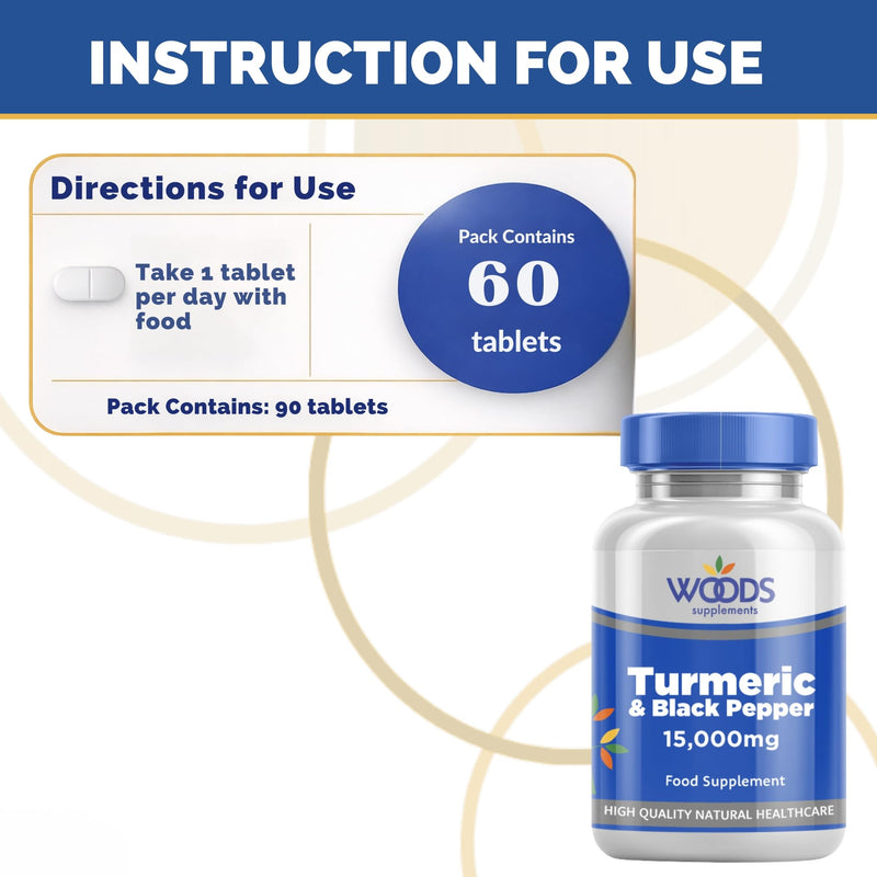 Woods Supplements - 15,000mg High Strength Turmeric & Black Pepper 60x Vegan Curcumin Turmeric Extract Tablets with Added VIT B5, VIT C and Zinc. High Absorption for Joint Care and Digestion 60
