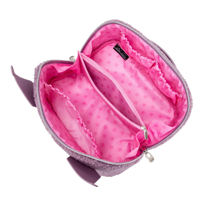 Impressions Vanity Kuromi Unfold Travel Makeup Bag Organizer, Opens Flat Zippered Cosmetic Bag with Cozy Sherpa Fabric Texture, Dual Compartments, Inner Pockets, and Top Carrying Handle (Lilac)