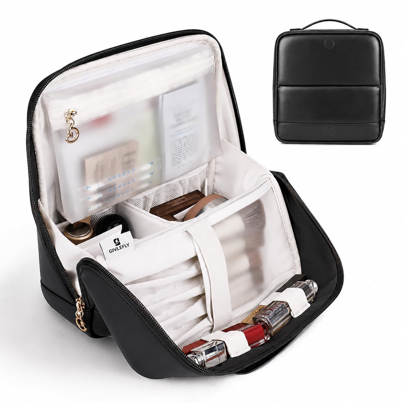GIVLEFLY Standing Makeup Bag for Women, Large Travel Cosmetic Organizer | Standing travel makeup bag with divided storage, brush compartment, wide opening and water-resistant microfiber leather. Black