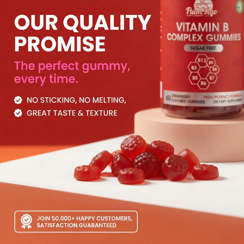 Sugar Free Methylated Vitamin B Complex Gummies for Energy Support - Vitamin B12, B6, B7 Biotin, B9 Folate, B3 Niacin & B5 - Vegan, Third Party Tested - Prenatal & Older Adults - 60 Gummies