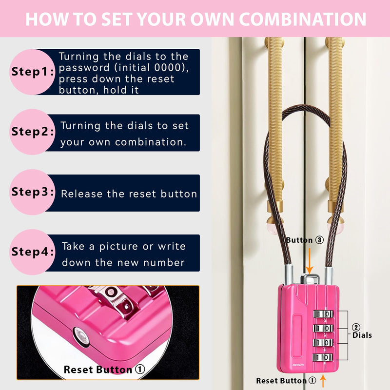 SEPOX® Resettable 4-Digit Padlock Bundle – 4-Pack Black 16cm & 12-Pack Pink 18cm for Gym, Travel & Storage