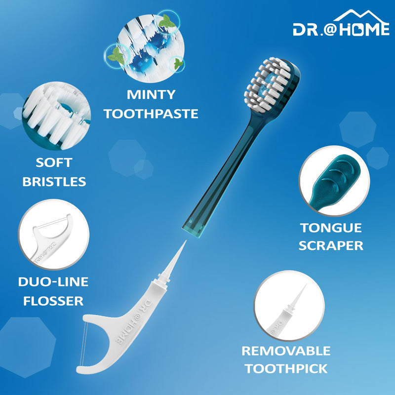 Disposable Travel Toothbrush on The go, Oral Care Set, Prepasted Mini Toothbrush 5 in 1 (Mint Paste+ Soft Bristles+Flosser+Pick+Tongue Scraper) | Individually Wrapped 24 Count - 1 Pack