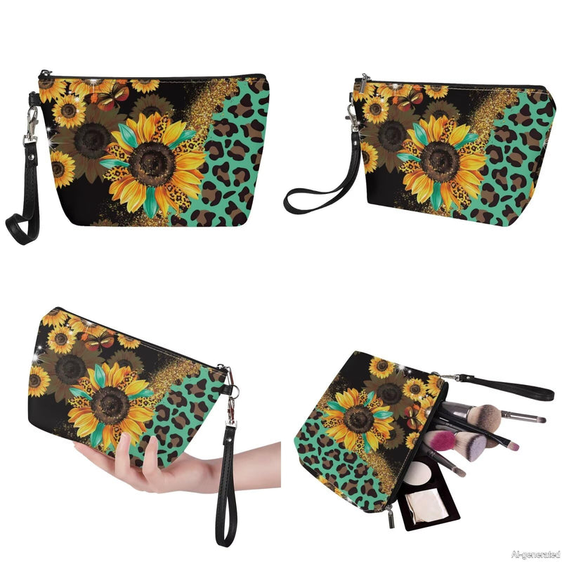 GIFTPUZZ Women Top Handle Bags Handbags with Zipper Leather Wallet Cash Card Phone Holder and Makeup Bag Set 3pcs Sunflower Leopard Print