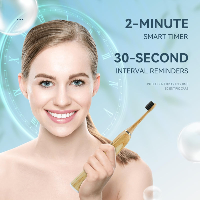 [Australia] - Bamboo Electric Toothbrush, Sonic Electric Bamboo Toothbrush for Adults, IPX7 Waterproof Rechargeable Toothbrush, 5 Cleaning Modes, 4 Bamboo Brush Heads Soft Bristle 
