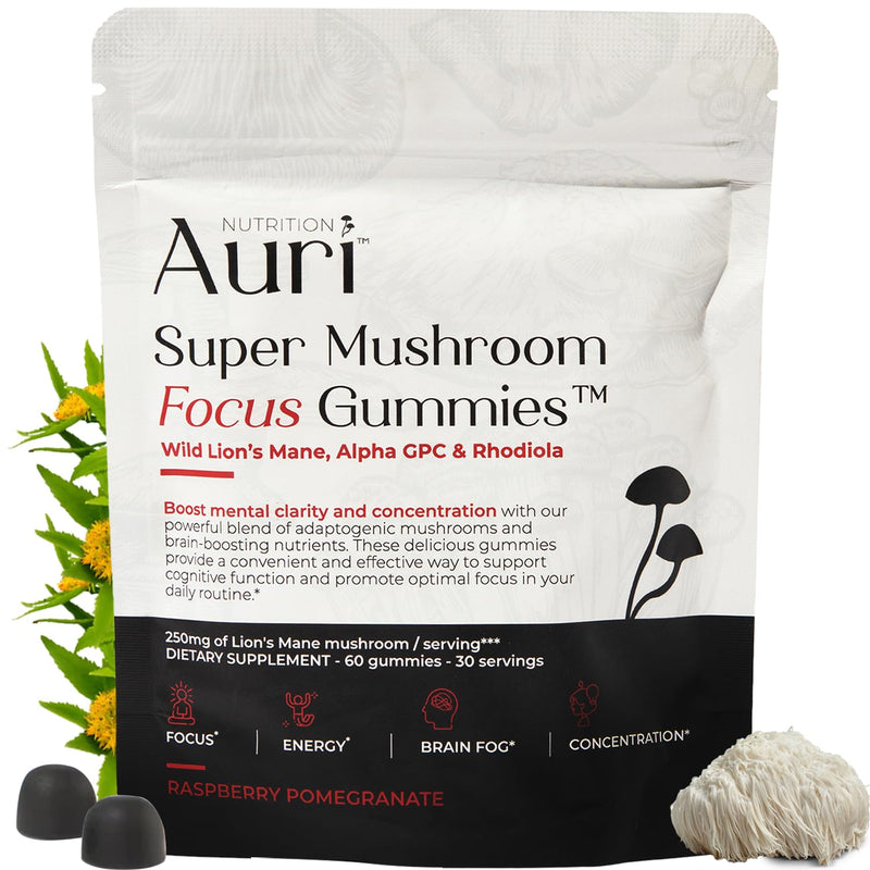 [Australia] - Auri Super Mushroom Focus Gummies - w/Lion's Mane, Alpha GPC & Rhodiola - Mushrooom Supplement to Support Cognitive Function, Mental Clarity, Focus & Energy | 60 Gummies, Vegan Friendly, Non GMOs 