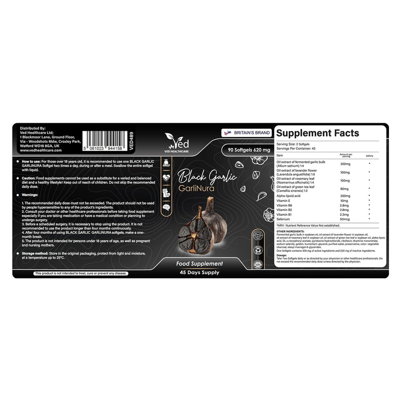 VED GarliNura, 90 Softgels, Fermented & Odorless Black Garlic Supplement with Lavender Flower, Rosemary Leaf, Green Tea Leaf, ALA, Vitamin E, B6, B2, B1, Non-GMO, Halal, 2 Softgels per Day.
