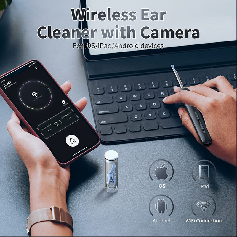 [Australia] - Ear Wax Removal, Ear Cleaner with Camera and Light, Ear Wax Removal Kit with 8 Pcs Set, Ear Wax Removal Tool Camera with 1080P, Ear Cleaning Kit with 6 Spoons, Ear Camera for iOS & Android (Black) Black 