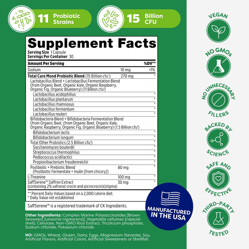 Probulin Mood Probiotics for Women with Saffron, L Theanine, Probiotic, Prebiotic, Postbiotic - Mood Support Supplement & Gut Support - Vegan, Non GMO, 30 Capsules