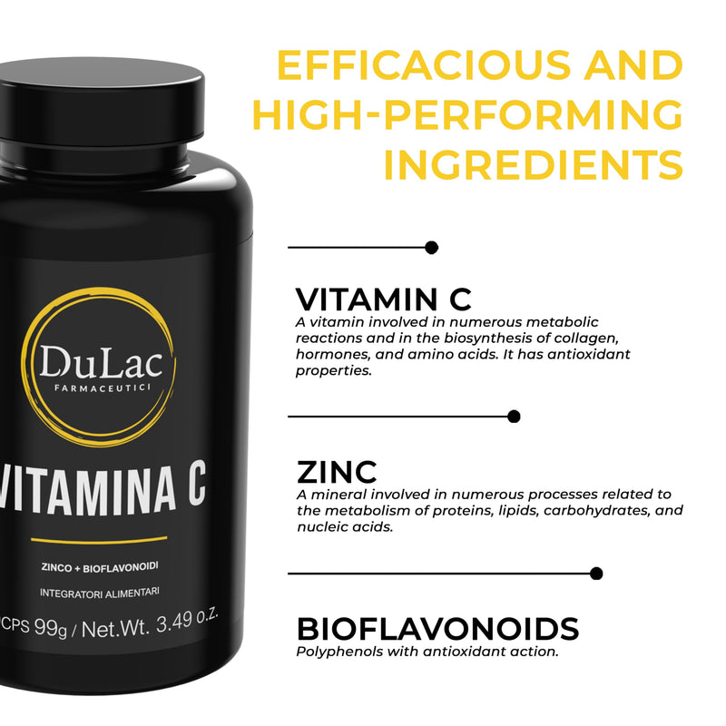 Dulàc - Vitamin C 1000mg, 180 Capsules, High Strength Vitamin C, Enriched with Zinc & Bioflavonoids, Immune Defence, Energy Metabolism, Antioxidant Action, Gluten-Free, Made in Italy
