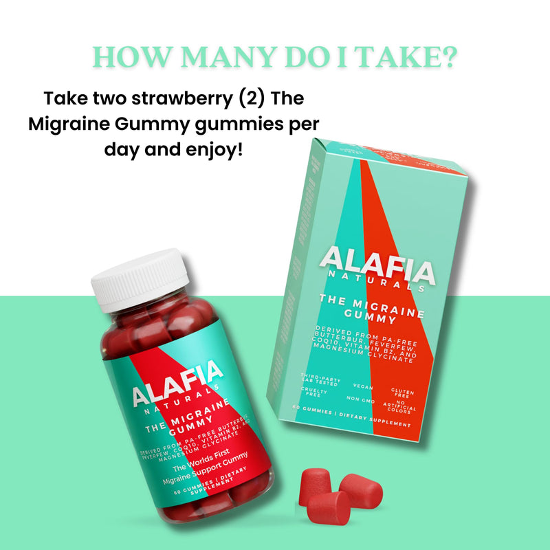 Alafia Naturals The Migraine Gummy - World's First Comfort and Support Gummy - Magnesium Glycinate, Butterbur, Feverfew, CoQ10, Vitamin B2 400mg Riboflavin 400mg 60ct Strawberry