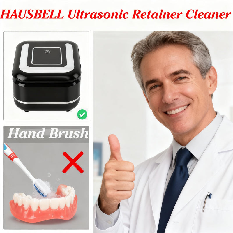 HAUSBELL Dental Pod: Ultrasonic Retainer Cleaner, Denture Cleaner Machine with 8 Cleaner Tablets, Aligner Cleaner, Nightguard Cleaner, Mouthguard Cleaner, Ultrasonic Cleaner with Noise-Reduction Lid Ultrasonic Cleaner - White