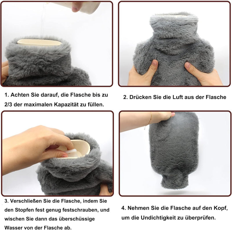 [Australia] - OWOZOI hot water bottle with fluffy cover, hot water bottle with hand warmer, kangaroo pockets, cuddly soft cover, hot water bottles, large, 2 liters, natural rubber for women, men, girls, bed bottle, dark grey 