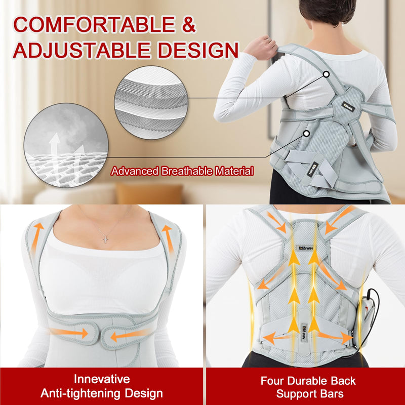 [Australia] - Back Brace Posture Corrector for Women and Men with Detachable Heating Pad - Adjustable Posture Corrector Belt, Relieve Pain in Upper and Lower Back, Waist, And Shoulders (Gray, Medium) Gray 