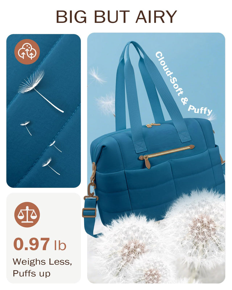 Tuwubi Travel Duffel Bag, Puffer Gym Bag for Women Weekender Overnight Bags, Carry On Luggage Tote Hospital Bag for Women Labor Delivery with Toiletry Pouch(Tale Blue, L) Tale Blue Large