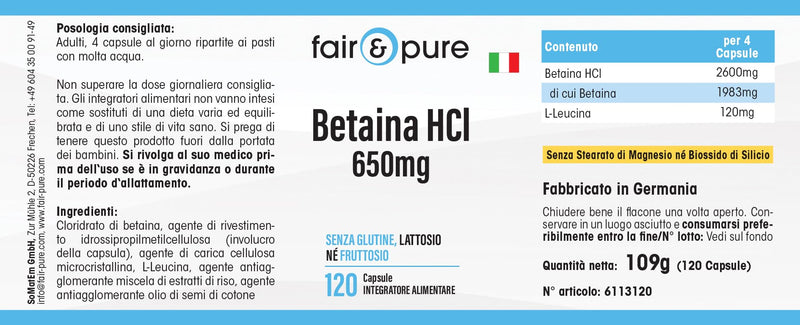 [Australia] - Fair & Pure® - Betaine capsules 650mg - 120 capsules - Betaine HCI/Betaine hydrochloride - vegan - without magnesium stearate 