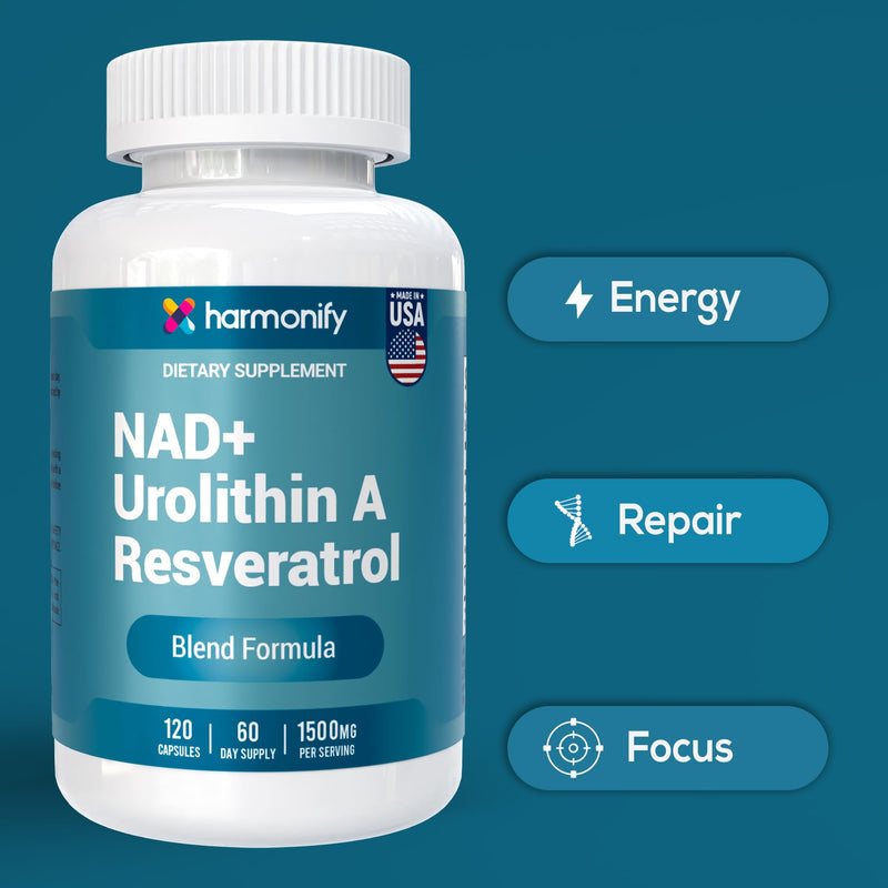 NAD Nicotinamide Riboside Resveratrol with Urolithin A 1500mg, Advance Support Supplement, 120 Capsules, Proudly USA Company