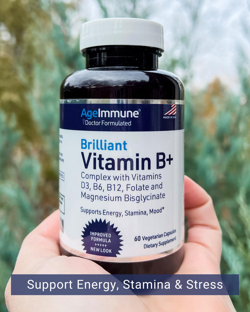 AgeImmune Vitamin B Complex with Vitamin D3 B12 B6 Magnesium Bisglycinate and Folate as Methylfolate - Doctor Formulated Methylated B Complex Supplement – 60 Capsules - Without Niacin 60 Count (Pack of 1)
