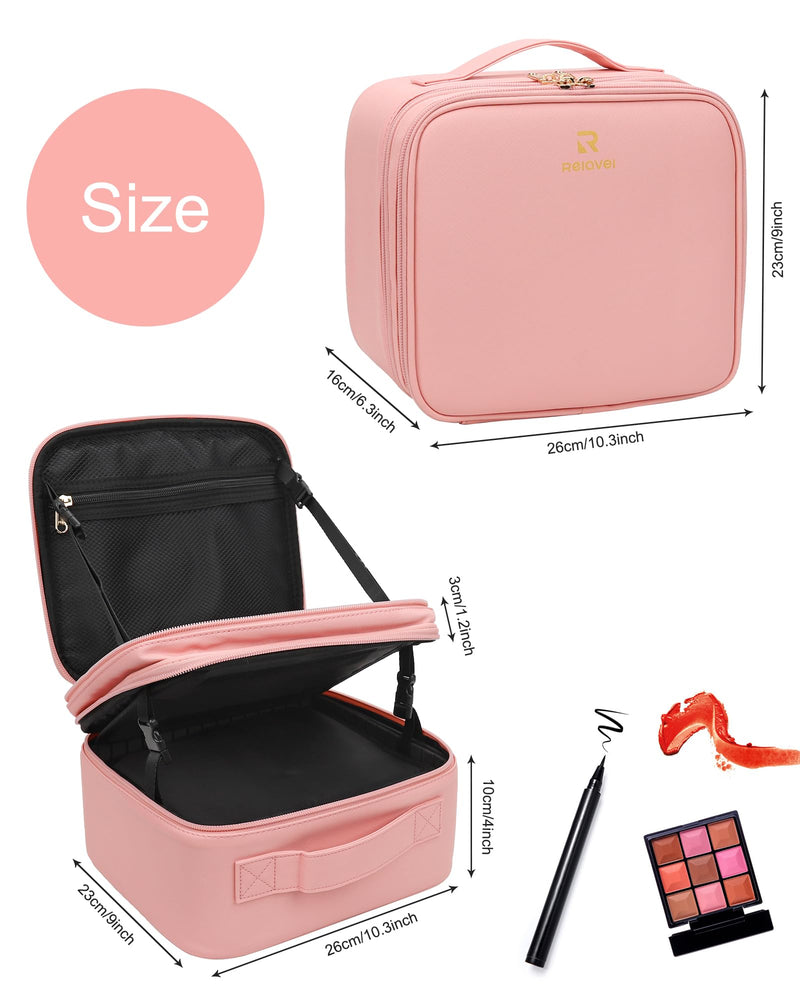 Chomeiu Makeup Bag with LED Mirror, 2 Layer Travel Makeup Case for Women | USB-C Detachable Mirror, Adjustable Dividers, Removable Brush Holder, High Quality PU Leather, Easy-to-clean, Double Zipper A-Small 05-Pink 2 Layer