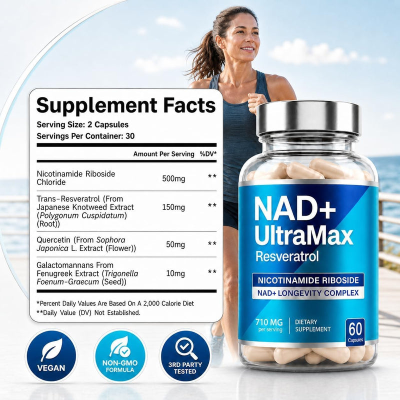 NAD+ Trans Resveratrol Supplement (4-in-1), Pure Nicotinomide Riboside, Quercetin and Galactomannans, Alternative to NAD, NADH & NMN, Anti-Aging Support | 60 Capsules | for Women and Men