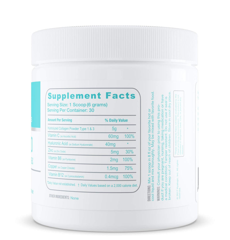 HA Professionals –Collagen Powder Supplement for Skin & Joints, Hyaluronic Acid + Zinc + Copper + Vitamins B6, B12 & C - Hydrolyzed Bovine Collagen Types 1 & 3, Unflavored, Easy Mix - 6.4 oz