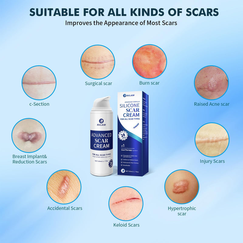 Scar Cream Gel, Advanced Silicone Scar Gel, Professional Scar Removal Cream for Surgical Scars, Stretch Mark, Keloid Bump, C-Section, Burn, Old and New Scars 1.7 oz(50g) 1.7 Fl Oz Blue