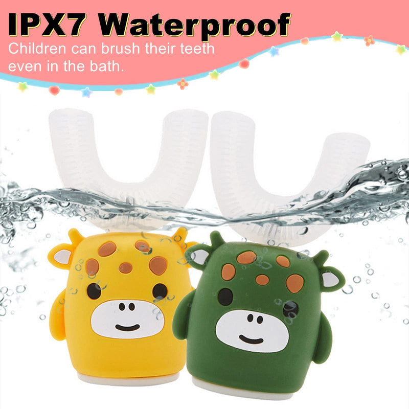 Kids Sonic Electric Toothbrush U Shaped Automatic Timer IPX7 Waterproof 5 Modes 360° Oral Cleaning Teeth Whitening Gums Massage Replaceable Soft Cartoon for 7-15 (Pink Cow) Pink Cow