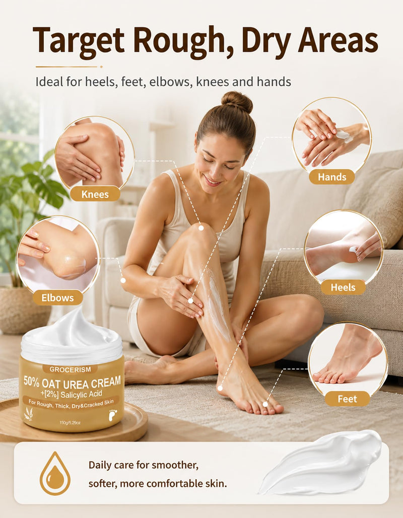 Grocerism 50% Oat Urea Foot Cream Maximum Strength, 5.29 oz, Pack of 2 | 2% Salicylic Acid + Oat, Softens Dry, Rough, Callused Heels and Hands with Hyaluronic Acid, Tea Tree and Aloe Vera Oat-Mild 5.29 Ounce (Pack of 2)