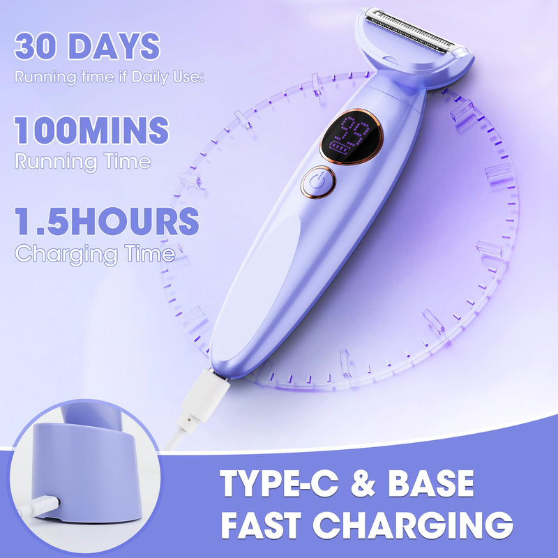 [Australia] - Karrte 5-in-1 Electric Razor for Women's Pubic Hair, Painless Body Shaver and Facial Epilator, Hair Removal for Face, Bikini Trimmer for Women's Private Area Purple 