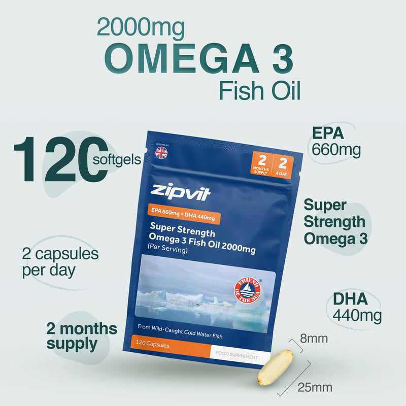 Zipvit Omega 3 Fish Oil 2000mg, EPA 660mg DHA 440mg, Wild-Caught, Cold Water Fish, Supports Heart, Brain & Vision, 120 Softgels, 2 Months Supply, Eco-Friendly Pouch Eco-Friendly Pouch 120 Softgel Capsules