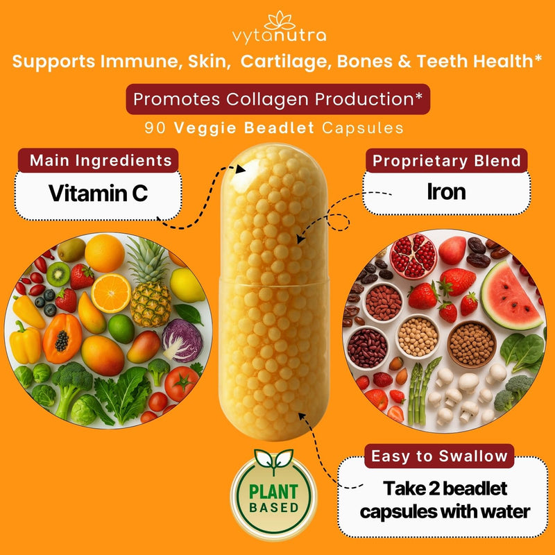 Immune Support Vitamin C – with Iron, Non-GMO, Vegan, Gluten-Free, Slow Release Beadlet Capsules, 90 Count