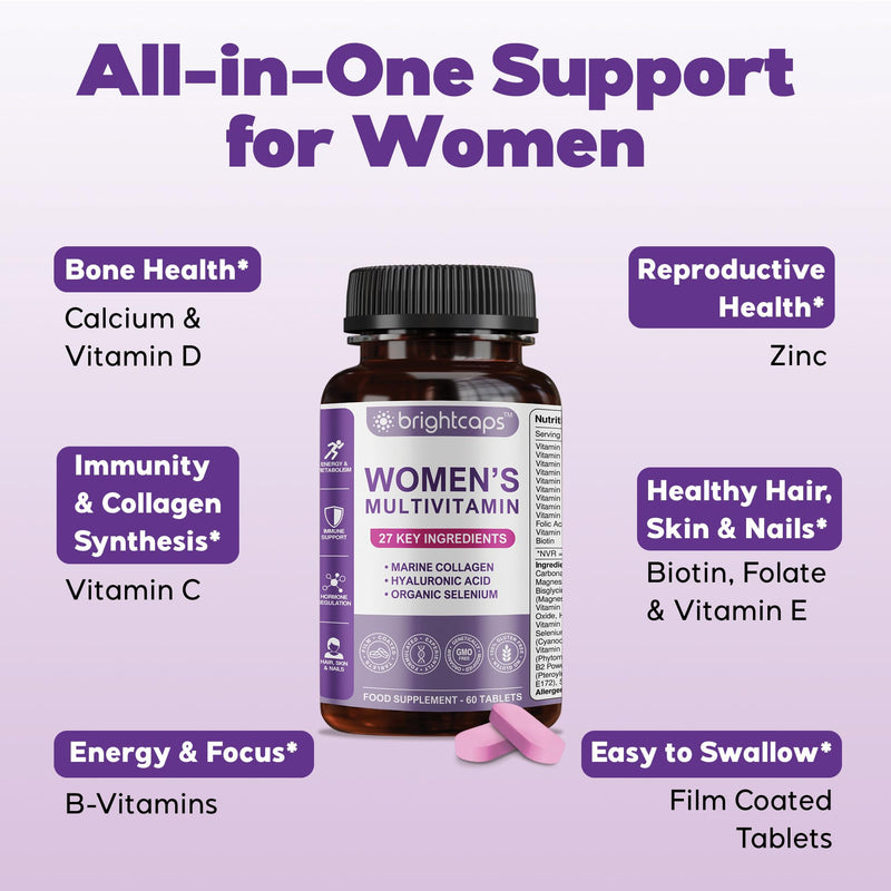 Women's Multivitamins and Minerals Enhanced with Collagen & Hyaluronic Acid - 27 Key Essential Ingredients Immune System & Health Support | 60 Tablets | Gluten Free