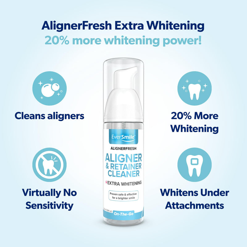 EverSmile AlignerFresh Extra Whitening Foam – Cleaner Compatible w/Invisalign and All Clear Aligners and Retainers – Eliminates Bacteria, Whitens Teeth, Fights Bad Breath – 50ml (1 Pack) Extra Whitening Fresh Mint 50ml 1-pack