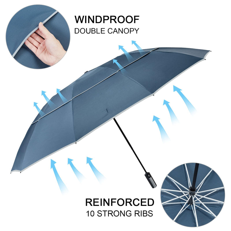 G4Free 62 Inch Large Golf Umbrella Compact Reverse Travel Umbrella (Navy Blue+Navy Blue with Reflective Stripe)