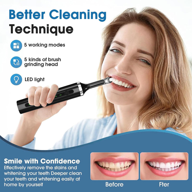 [Australia] - Plaque for Teeth Whitening Tools Electric Tartar Polishing Cleaning Kit with LED Light 5 Speed Modes with 5 Replacement Brush Heads (Black) 