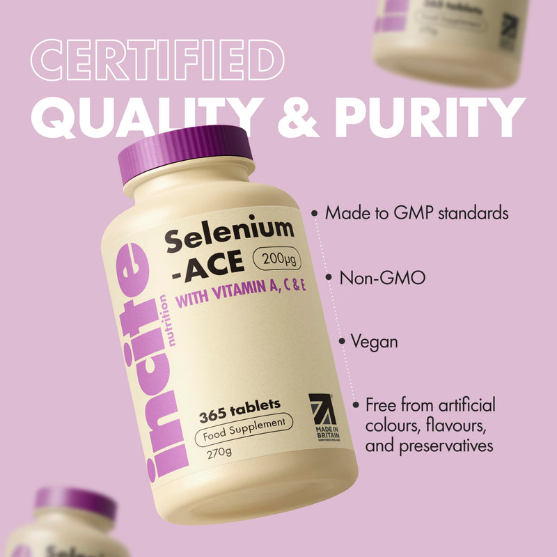 Incite Nutrition Selenium Tablets 200mcg. 12 Month Supply of Essential Mineral Supplements. Selenium Nail Supplements with Vitamins A, C and E, to Combat Oxidative Stress Selenium Ace