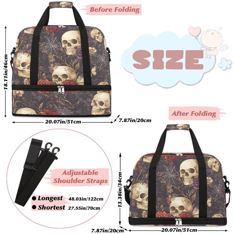 Skull Gothic Rose Flower Travel Duffel Bag Tote Carry On Luggage Sports Gym Bag With Shoe Compartment For Woman Man Overnight Weekend Yoga Workout Training Handbag B-1
