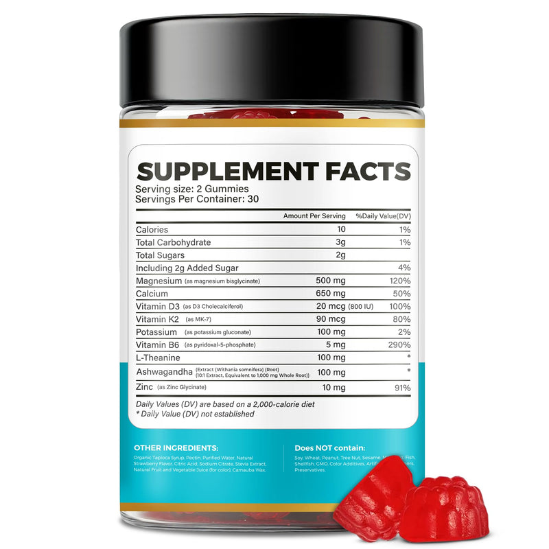 Magnesium Glycinate Gummies with Ashwagandha, L-Theanine & Vitamins | 500mg Magnesium Glycinate, D3, K2, B6, Calcium, Zinc, Potassium Supplement for Immune Support, Chewable Magnesium