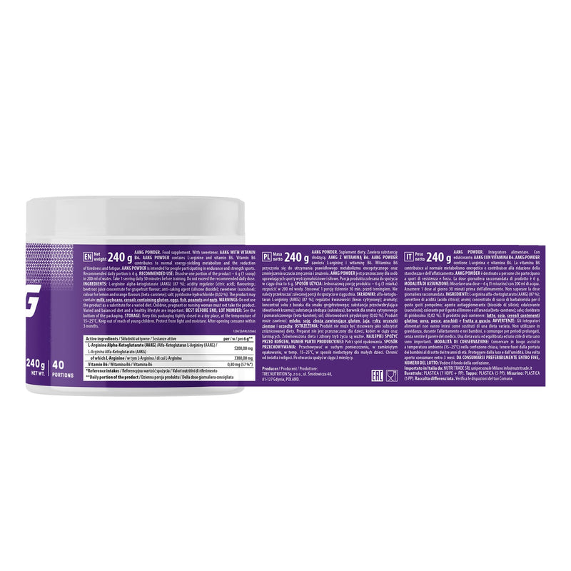 Trec Nutrition L-Arginine Alpha-Ketoglutarate (AAKG)+ Vitamin B6 240g Powder Supplement | Energy Muscle Pump PRE Workout | Lemon
