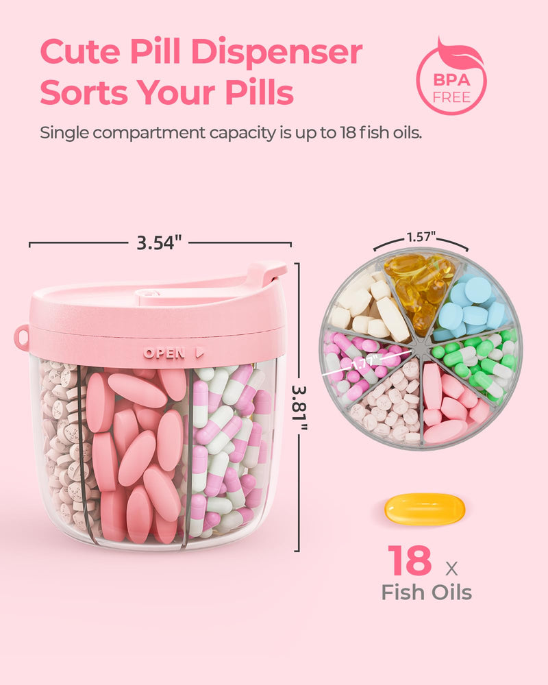 [Australia] - Cute Pill Dispenser with 7 Large Compartments, Portable Pill Bottle Organizer with Wide Opening for Easy Use, Anti-Mix Pill Organizer for Travel, BPA-Free Pill Container, Pink 