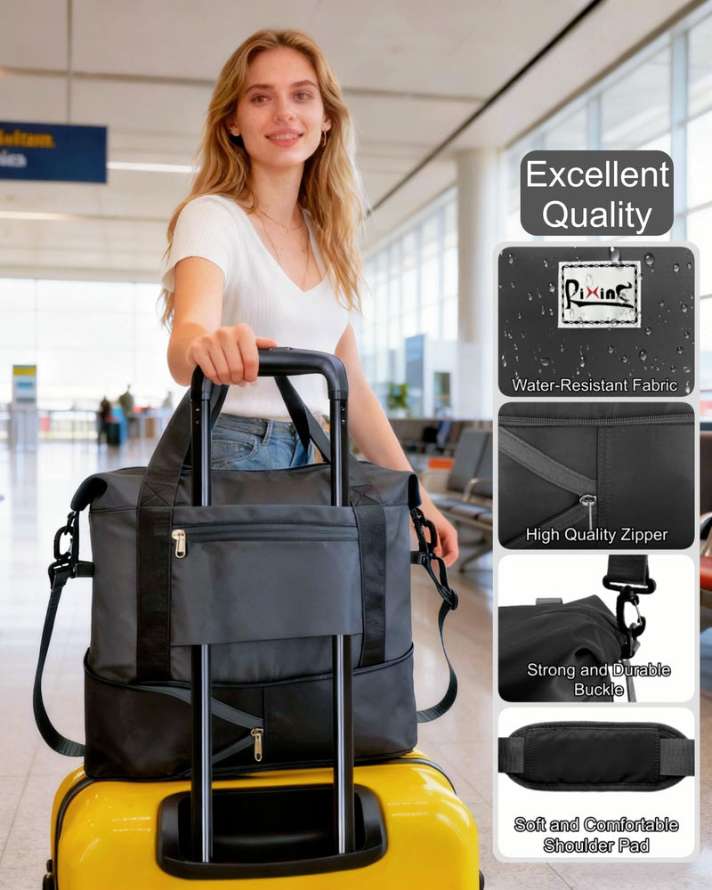 Foldable Travel Duffel Bag for Women, Black | 40L Expandable Carry on Bag Personal Item Flight Approved Lightweight Water Resistant Overnight Weekender Bag, Nylon