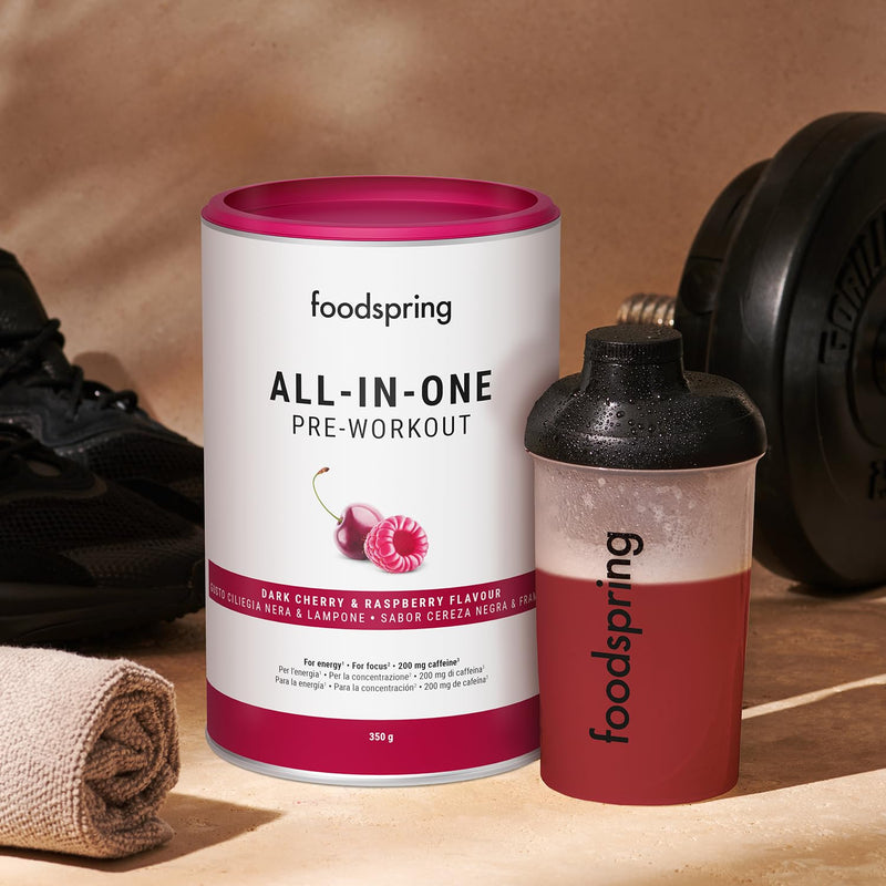 [Australia] - foodspring All-in-One Pre-Workout Booster for Energy & Focus - 200mg Caffeine Per Serving & Sugar Free - with EnXtra, Taurine, Citrulline, B6, B8, Choline & Ashwagandha (350g | Dark Cherry & Dark Cherry & Raspberry 