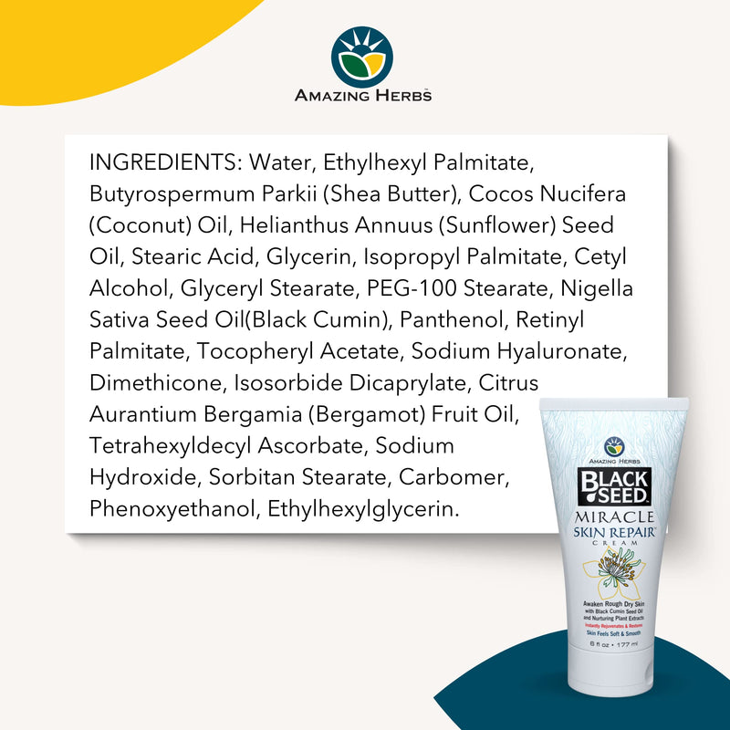 Amazing Herbs Black Seed Miracle Skin Repair Cream Non-Allergenic - 6 Fl Oz | Black Cumin Seed Oil, Vitamin E, & Plant Extracts, Supports Collagen & Elastin Production for Men & Women