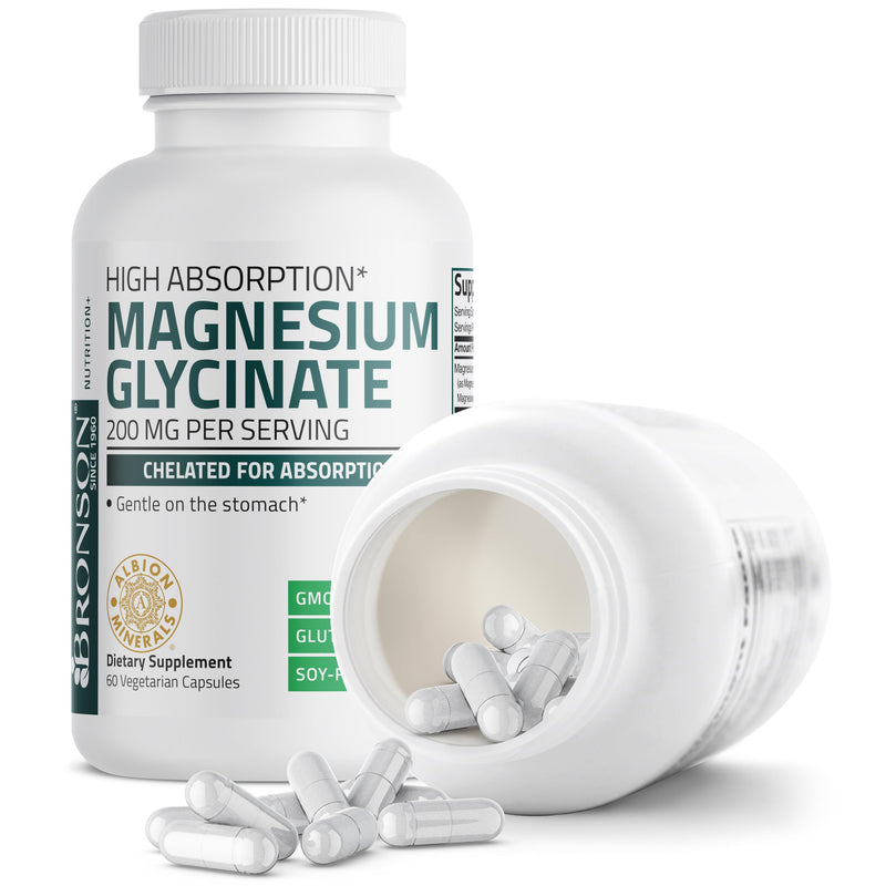 [Australia] - Bronson Magnesium Glycinate 200 MG per Serving Chelated for High Absorption, Gentle On Stomach, Non-GMO, 60 Vegetarian Capsules 60 Count (Pack of 1) 