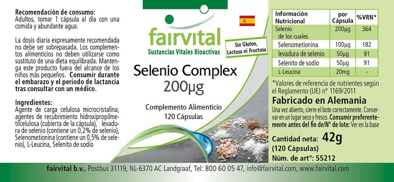 [Australia] - Fairvital | Selenium complex 200µg - 120 capsules - organic and inorganic selenium - selenium methionine, selenium yeast and sodium selenite - 100% vegan - quality tested and high dosage - Made in Germany 