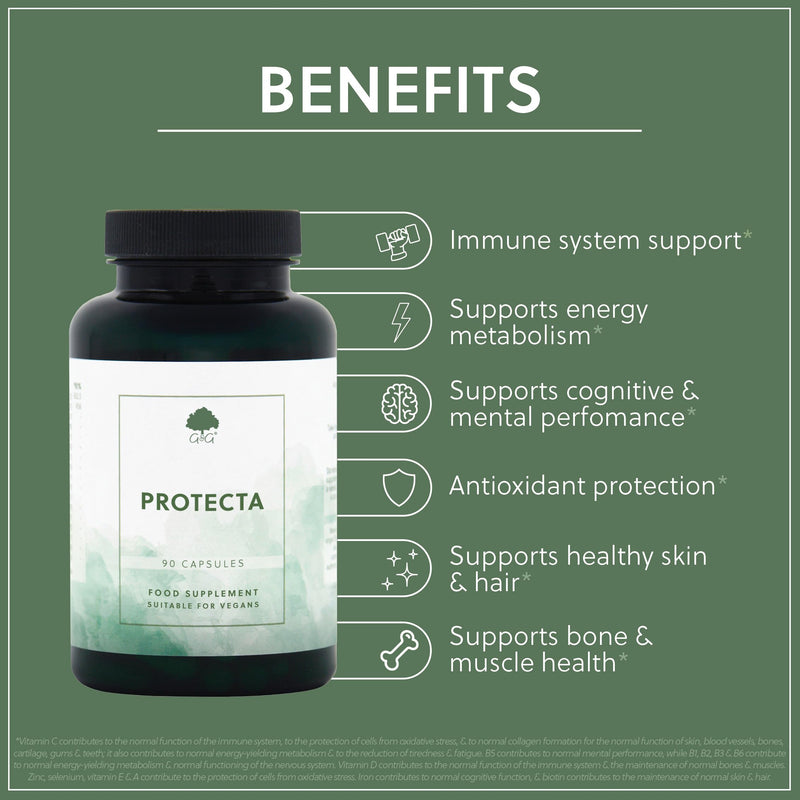 Protecta Immune Formula Supplement - 90 Vegan Capsules - Supports the Normal Function of the Immune System - Vitamin A, B, C, D - Mineral Complex - Non-GMO, Made in the UK - G&G Vitamins