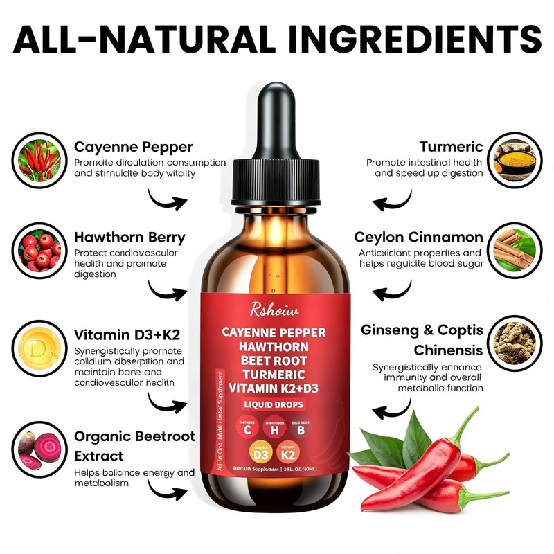 Cayenne Pepper Drops Supplement Liquid with Hawthorn Berry, Vitamin D3 K2, Turmeric Curcumin, Beet Root, Ceylon Cinnamon Vegan- Friendly - 60ml