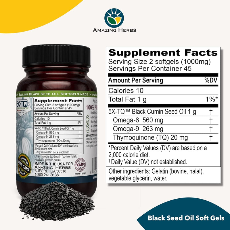 [Australia] - Amazing Herbs Premium Black Seed Oil Capsules - Gluten Free, Non GMO, Cold Pressed Nigella Sativa Aids in Digestive Health, Immune Support, Brain Function - 90 Count, 500mg (Pack of 2) 