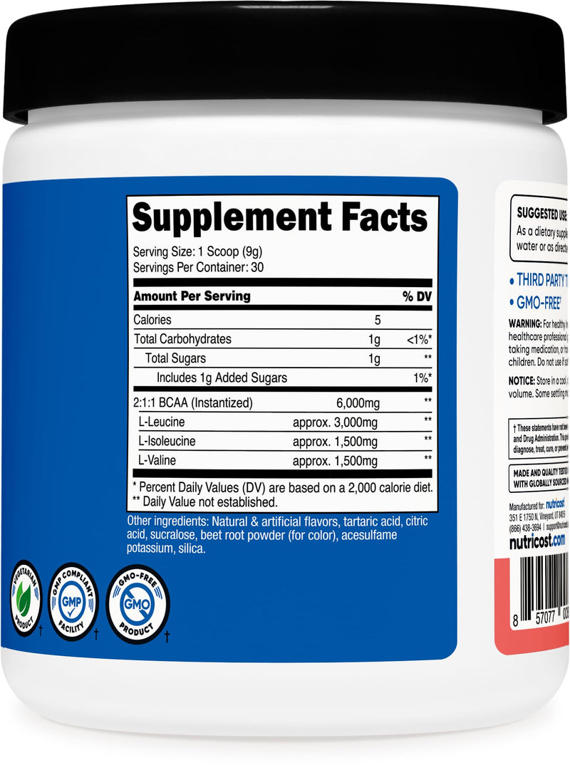 Nutricost BCAA Powder (Watermelon, 30 Servings) - Optimal 2:1:1 Ratio Watermelon 10 Ounce (Pack of 1)
