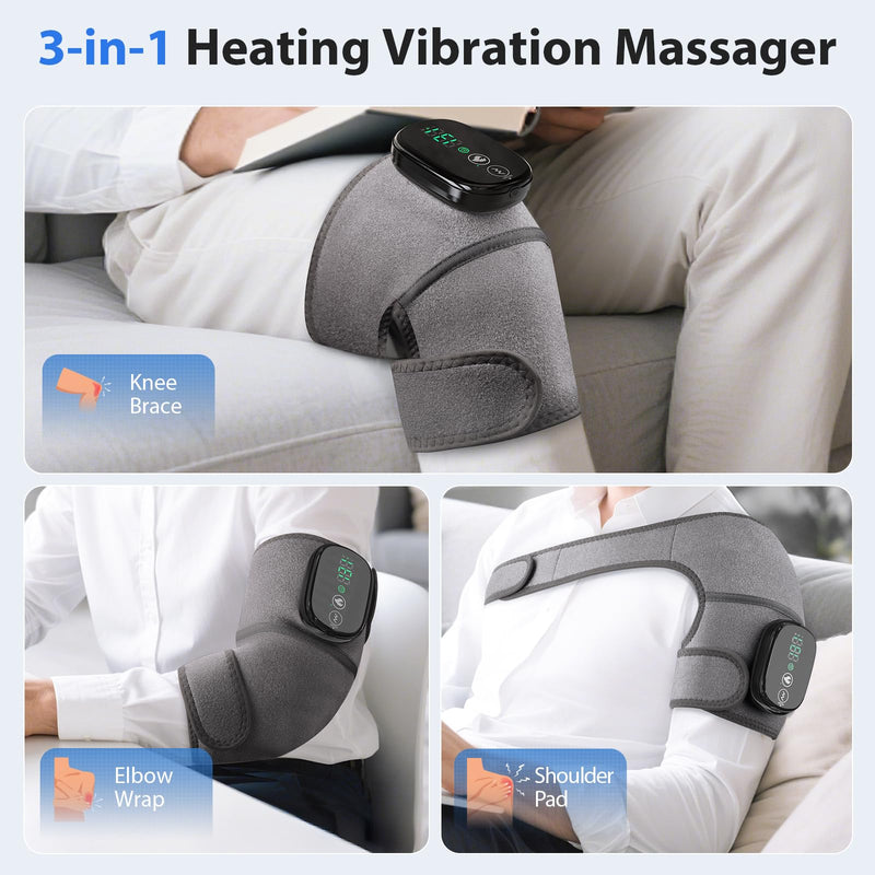 [Australia] - Heated Knee Massager, Foot Massager with Heat, Shoulder Massagers with Heat, Knees Warmers Wrap, 3-in-1 Vibration Heating Pad for Knee, Shoulder, and Elbow, Adjustable Size, Gifts for Dad Mom (Grey) Grey 